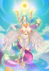 absurd_res alicorn anthro areola big_breasts biped breasts equid equine eyelashes feathered_wings feathers female friendship_is_magic fur genitals hair hasbro hi_res horn jewelry mammal merkury multicolored_hair my_little_pony mythological_creature mythological_equine mythology nipples outside princess_celestia_(mlp) pupils pussy regalia sky solo thick_thighs white_body white_fur wide_hips wings