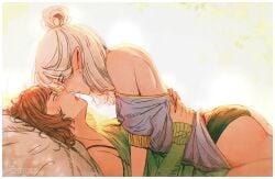 2girls after_kiss blush_lines brown_hair brown_hair_female female/female female_on_female female_only girl_on_girl kissing lesbian saliva_trail white_hair white_hair_female yuri