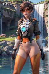 , 1girls ai_generated artist_name black_gloves blizzard_entertainment bomber_jacket bottomless breasts brown_eyes brown_hair brown_jacket chest_harness cleft_of_venus day gloves goggles harness hi_res jacket leather leather_jacket lips looking_at_viewer navel orange_bodysuit orange_goggles orange_thighhighs outdoors overwatch overwatch_2 pussy r34arts short_hair sleeves_rolled_up smile solo spiked_hair standing thighhighs tracer tracer_(overwatch) uncensored vambraces water waterfall