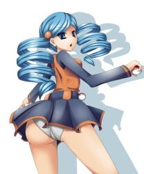 1girl ace_trainer_(pokemon) ace_trainer_(pokemon_bw) ass_focus big_ass big_butt blue_hair blue_hair_female blush butt_focus drill_hair focus_on_ass focus_on_butt game_freak huge_ass huge_butt looking_at_viewer looking_back nintendo pleated_skirt pokemon pokemon_bw tied_hair twintails underwear upskirt vest white_panties white_underwear