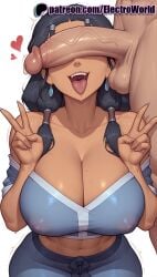 1boy 1girls 2025 ai_generated artist_name avatar_legends avatar_the_last_airbender black_hair black_nails blue_nails breasts breasts breasts bust chest cleavage cock covered_nipples dark-skinned_female dark_skin dick double_v double_w earrings electroworld erection female heart hi_res high_quality high_resolution highres interracial jewelry katara large_penis long_hair motion_lines nail_polish nickelodeon nicktoons pants patreon patreon_username penis penis_on_face solo_focus stable_diffusion straight testicles tongue tongue_out trembling twintails twitching_penis uncensored v w watermark