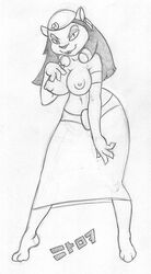 2007 aladdin anthro armlet black_and_white black_hair breasts clothed clothing disney feline female fur furry hair looking_at_viewer mammal mirage_(aladdin) monochrome navel nipples nitro plain_background sketch skimpy skirt slit_pupils solo standing topless white_background