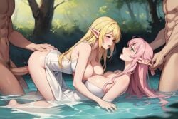 2boys 2girls ai_generated big_breasts blonde_hair blonde_hair_female elf elf_ears elf_female elf_girl elf_princess female/female foursome hair_pulling huge_breasts lake large_breasts mmff_foursome open_mouth pink_hair pink_hair_female pointy_ears princess royalty vaginal_penetration wet