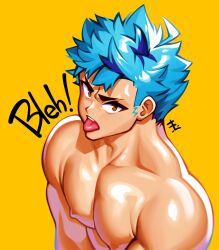 bara big_chest big_pecs blue_hair brown_eyes denbe_(sachuman) gay huge_chest huge_pecs male male_only muscular muscular_male sachuman text tongue_out