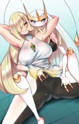 2girls aqua_hair armpits arms_up bikini bikini_top_only black_bikini blonde_hair blush closed_mouth creature female furry furry_female furry_with_non-furry gem gen_7_pokemon green_eyes hair_over_one_eye highres interspecies kenron_toqueen long_eyelashes long_hair lusamine_(pokemon) multicolored_hair nintendo parted_lips pheromosa pokemon pokemon_(creature) pokemon_sm pokephilia purple_eyes see-through_clothes smile spread_legs swimsuit turtleneck ultra_beast