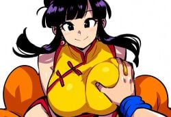 ai_generated black_hair breast_grab chichi chinese_clothes dragon_ball dragon_ball_super dragon_ball_z female groping husband_and_wife mature_female milf mullon novelai pov saiyan single_hair_bun smile son_goku