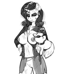 2013 anthro anthrofied bow breasts closed_eyes clothing collar duo ear_piercing equine feline feline female feral friendship_is_magic greyscale hair half-closed_eyes holding horse kevinsano mammal monochrome my_little_pony nipples opalescence_(mlp) piercing pony pussy rarity_(mlp) torn_clothing wardrobe_malfunction