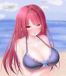 1girls bangs beach big_breasts bikini bikini_top blush blush breasts cleavage clouds female female_only huge_breasts large_breasts long_hair looking_at_viewer metae ocean open_mouth original original_character red_hair sand solo upper_body v_arms yellow_eyes