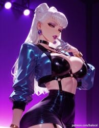 ai_generated balecxi black_choker bracelet claw_(weapon) claws cropped_jacket earrings evelynn evelynn_(league_of_legends) eyeshadow female garter_straps jewelry k/da_(league_of_legends) k/da_all_out_evelynn k/da_all_out_series large_breasts league_of_legends long_hair looking_at_viewer makeup o-ring open_clothes open_jacket parted_lips patreon_username skirt solo white_hair yellow_eyes