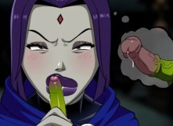 animated beast_boy blowjob blush fellatio full_lips green_skin horse horse_penis horsecock lips penis precum pubic_hair raven_(dc) saliva sound teen_titans thought_bubble vampiranhya_(artist) video