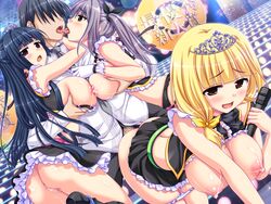 1boy 3girls areolae ass bare_shoulders bent_over black_skirt blonde_hair blue_hair blunt_bangs blush breast-to-breasts breast_grab breast_to_breast breasts breasts_exposed breasts_out breasts_touching brown_eyes censored clothing copyright_name exposed_ass exposed_breasts exposed_pussy faceless_male fffm_foursome functionally_nude functionally_nude_female game_cg gloves half_updo hanging_breasts harem heavily_censored highres hinagata_kobato holding_microphone honoo_no_haramase_paidol_my_star_gakuen_z hoshizaki_hokuto huge_breasts isuzugawa_akino kissing kuroki_shion lactation leaning_forward legs legs_together long_hair looking_back medium_breasts microphone microskirt midriff mosaic_censoring multiple_girls nipples no_bra no_panties on_stage open_mouth pa panties panties_around_thighs panty_pull penis_out purple_eyes purple_hair pussy saliva sex shirt_lift skirt skirt_around_belly smile staircase stairs straight thighs tiara tied_hair tongue tongue_kiss twintails underwear vaginal_penetration yuibi