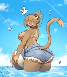 1girls beach beach_ball big_breasts bra hair_covering_eyes monkey monkey_girl solo suggestive