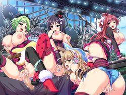 1boy 4girls areolae ass bass black_eyes black_hair blonde_hair blush bow breasts breasts_out brown_hair censored clothed_masturbation clothing cum game_cg green_eyes green_hair group_masturbation guitar harem hat headphones highres honoo_no_haramase_paidol_my_star_gakuen_z hoshizaki_amane hoshizaki_hokuto huge_breasts kisaragi_sora large_breasts legs long_hair masturbation matsuda_yukari microphone minami_aisa multiple_girls nipples no_panties open_mouth panties panties_around_leg panties_aside panty_pull penis pussy pussy_juice sex short_hair sitting sitting_on_person skirt striped striped_legwear thighs underwear vaginal_penetration wet wince yuibi