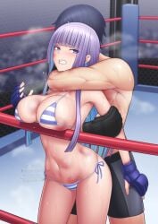 1boy 1girls big_breasts bikini blue_eyes blush breast_rest breasts bruise chain-link_fence choke_hold clenched_teeth crowd gloves hime_cut himel indoors long_hair muscular original purple_hair ryona standing straight straight_hair string_bikini striped striped_bikini sweat tsurime wrestling wrestling_outfit wrestling_ring