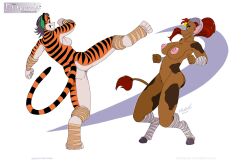 anthro bandage bovid bovine cattle draconia_chronicles duo felid feline female female/female fight kick kierna_(dtripper) mammal nipples pantherine pink_nipples razorfox scyde tiger