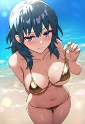 1girls beach bikini blue_eyes blush blush byleth_(fire_emblem) byleth_(fire_emblem)_(female) cleavage fire_emblem fire_emblem:_three_houses gold_bikini golden_bikini large_breasts looking_at_viewer nintendo pyo_3300 teal_hair