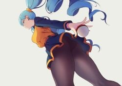 ace_trainer_(pokemon) ace_trainer_(pokemon_bw) ass_focus big_ass big_butt black_panties black_pantyhose blue_hair blue_hair_female blush butt_focus drill_hair focus_on_ass focus_on_butt game_freak huge_ass huge_butt looking_at_viewer looking_back momihige_(mo3hig3) vest