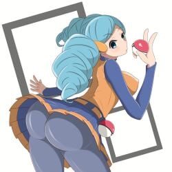 ace_trainer_(pokemon) ace_trainer_(pokemon_bw) ass_focus big_ass big_butt black_pantyhose blue_hair blue_hair_female blush butt_focus drill_hair focus_on_ass focus_on_butt game_freak huge_ass huge_butt looking_at_viewer looking_back nintendo panties pantyhose pleated_skirt pokemon pokemon_bw tied_hair twintails upskirt vest