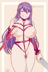 1girls body_harness bondage breasts carpet_matching_drapes doki_doki_literature_club dominatrix hairclip harness holding_knife holding_leash knife large_breasts leash long_hair looking_at_viewer nipples pubic_hair purple_eyes purple_hair theironmountain yuri_(doki_doki_literature_club)