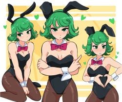 1girls bare_shoulders blush bunny_ears bunnysuit crossed_arms dashi_art female green_eyes green_hair heart heart_hands kneeling light-skinned_female light_skin middle_finger one-punch_man short_hair tatsumaki