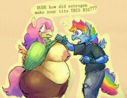 2girls anthro anthrofied bbw big_ass big_breasts blush blush breasts breasts_out dialogue estrogen fluttershy_(mlp) horse_girl my_little_pony pink_eyes pink_hair punkitt rainbow_dash_(mlp) rainbow_hair ripped_pants shirt_lift sweat sweater sweater_lift sweating text wings