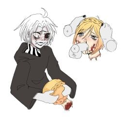 1boy 1girls beheaded black_lipstick black_robe black_sclera blonde_hair blowjob female ghoul guro mado_akira male red_iris seidou_takizawa skullfuck tokyo_ghoul tokyo_ghoul:re white_hair