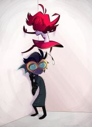 baxter_(hazbin_hotel) female glasses hazbin_hotel looking_up male niffty opilka red_hair spread_legs sweat upskirt
