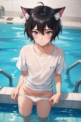 ai_generated black_hair cat_ears cat_hybrid catboy cuntboy male pool public swimming_pool transgender_male twink