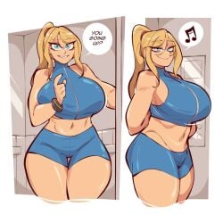 1girls 2d big_breasts blonde_hair blue_eyes breasts_bigger_than_head casual_outfit_(metroid) heath_grace_(mojo) hips_wider_than_shoulders metroid mojo_(artist) ponytail samus_aran saucymojo seductive seductive_look sideboob speech_bubble sports_bra sportswear thigh_gap