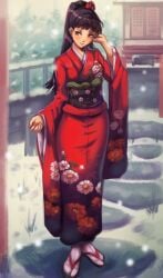 1girls amagi_yukiko black_hair breasts brown_eyes floral_print_kimono flower_hairband hairband kimono medium_breasts outside persona persona_4 ponytail red_kimono sandals sash snow tabi toasty_scones