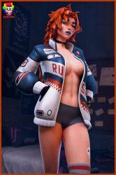 big_breasts boyshorts female_torso fortnite jacket large_breasts lina_scorch panties partially_clothed red_hair slymyguy solo solo_female tagme