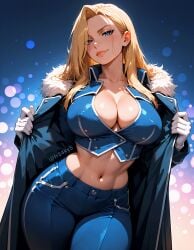 ai_generated cleavage fr34ky fullmetal_alchemist hair_covering_eye huge_breasts military_uniform olivier_mira_armstrong