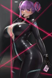 1girls bb_(fate) big_breasts black_bodysuit bodysuit breasts cleavage double_bun fate_(series) female female_only goddess_of_victory:_nikke hair huge_breasts laser latex latex_bodysuit latex_clothing latex_suit purple_eyes purple_hair quency_(escape_queen)_(nikke)_(cosplay) raskasar red_hair solo solo_female two_tone_hair unzipped unzipped_bodysuit zipper zipper_down