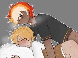 2boys blush blush blush_lines c2bc clash_to_be_champion fireball_(c2bc) gay gray_background mai16644 object_show object_show_community object_shows pillow pound_(c2bc) sweatdrop