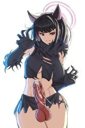 annoyed_expression big_penis black_hair blue_archive cat_ears catgirl claws erection fidget4827 futa_only futanari kazusa_(blue_archive) partially_clothed precum precum_drip precum_string red_eyes solo solo_focus solo_futa