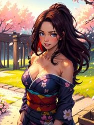 1girls ai_generated anime arczisan babe beautiful beautiful_background beautiful_females big_breasts birthday_gift brown_hair busty_female cana_alberona cherry_blossoms cleavage curvy_figure digital_media_(artwork) dress elegant fairy_tail female_only floral_print floral_print_kimono flowers garden japanese_clothes kimono long_hair_female looking_at_viewer magic magical_girl off_shoulder off_shoulder_kimono romantic_ambiance smile spring stable_diffusion sultry_gaze tree waifu_diffusion witch