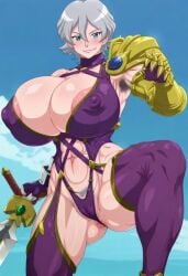 1girls ai_generated anime_screencap anime_style blue_eyes civitai genderswap_(mtf) gigantic_breasts grey_hair hairy_armpits isabella_valentine isabella_valentine_(cosplay) kiyoshirou_higashimitarai muscular_female pubic_hair puffy_nipples smile soul_calibur