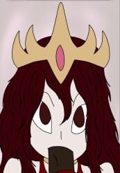 1boy1girl 2d angry angry_face bbc blowjob choker clothing crown dark-skinned_male female genitals gloves gyeegg hair human interracial light-skinned_female light_skin long_hair looking_at_viewer male oral original original_character pink_background queen red_eyes red_hair royal royalty straight sucking sucking_dick sucking_off sucking_penis sucking_tip tagme uncensored