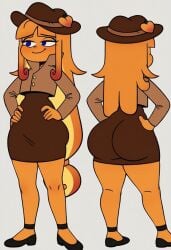 ai_generated big_ass brasil brazilian coat front_and_back hands_on_hips hat huge_ass jacket long_hair multiple_views mundo_torajo orange_body orange_hair orange_skin pessy skirt tagme