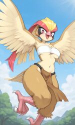 ai_generated bandeau cheerful furry harpy_girl loincloth pidgeot pokemon pokemon_(species) winged_arms