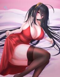 1girls azur_lane bedsheets black_hair breasts breasts_bigger_than_head cleavage dress female female_only hair_ornament huge_breasts large_breasts long_hair lying lying_on_side metae overflowing_breasts red_dress red_eyes sakura_empire_(azur_lane) skindentation smile solo stockings taihou_(azur_lane) taihou_(forbidden_feast)_(azur_lane) thick_thighs thighs