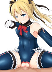 1boy 1girls blonde_hair blue_eyes blue_legwear censored cowgirl_position dead_or_alive dead_or_alive_5 detached_sleeves fat_mons female female_on_top frilled_legwear frilled_leotard frills gloves grin hair_ribbon incoming_punch leotard light-skinned_female long_hair looking_at_viewer marie_rose marie_rose_(devilish_servant_against_the_splashing_waves) mosaic_censoring one-piece_swimsuit penis petite pussy ribbon sex small_breasts smile straddle swimsuit teenage_girl teenager thighhighs thighs tied_hair tsuyurijuu twintails vaginal_penetration white_gloves