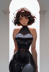 belt big_breasts black_hair female hourglass_figure latex short_hair