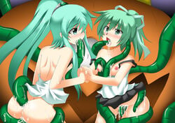 2girls aketake ass bangs bare_shoulders black_skirt blush breasts breasts_out collarbone duel_monster green_eyes green_hair hair_ornament hair_ribbon hairband interlocked_fingers jewelry multiple_girls open_mouth ponytail pumpking_the_king_of_ghosts pussy_juice rape ribbon siblings sisters skirt small_breasts tentacle tied_hair vaginal_penetration wynn wynn_the_wind_charmer wynnda_miko_of_the_gusta yu-gi-oh!