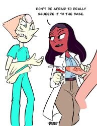 adjusting_gloves cup disgusted doctor gloves handjob joshin labcoat latex_gloves nurse pearl_(steven_universe) penis_milking priyanka_maheswaran putting_on_gloves speech_bubble sperm_donation steven_universe