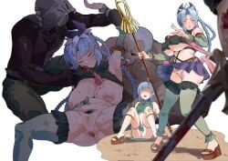 2boys 2girls anus arm_up armpits ass bell black_shirt blind blood blood_on_weapon blue_hair blush braid braided_ponytail breasts breasts_out brown_footwear brown_pants censored closed_eyes commentary commission criss-cross_straps crop_top crop_top_overhang cropped_shirt curtained_hair curvy cuts dark-skinned_male dark_skin defeat detached_sleeves dirty dirty_clothes faceless faceless_female female_pubic_hair frilled_sleeves frilled_thighhighs frills full_body fundoshi furrowed_brow grabbing_another's_arm green_pants green_shirt green_skirt green_thighhighs hair_ornament headband helm helmet holding holding_staff injury interracial inverted_nipples japanese_clothes jingle_bell large_breasts large_pasta licking licking_armpit lifting_another's_clothes m_legs miniskirt mishera_(ys) mismatched_pubic_hair mosaic_censoring multiple_boys multiple_girls navel neck_bell nipples no_panties panties pants parted_bangs parted_lips partially_undressed pink_sash platform_footwear pleated_skirt pubic_hair pubic_hair_peek puckered_lips purple_skirt pussy revealing_clothes ryona sandals sash shirt short_hair short_hair_with_long_locks simple_background sitting skeb_commission skirt solo_focus split_ponytail spread_legs staff standing sweat sword thigh_strap thighhighs topknot topless_male torn_clothes torn_shirt triangle_print turtleneck underboob underwear weapon white_background white_panties wide_spread_legs yellow_headband ys ys_seven