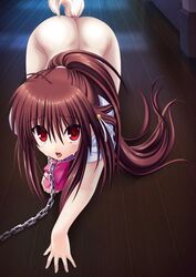 artist_request ass bondage bottomless brown_hair buttplug buttplug_tail chains collar female little_busters! long_hair natsume_rin pet_play ponytail red_eyes tail tears tied_hair