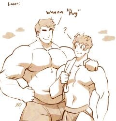 2boys ? bara big_chest big_pecs gay height_difference huge_chest huge_pecs jockstrap male male_only montaro_(sachuman) muscular muscular_male oc sachuman text towel underwear