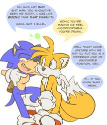 alcohol blue_eyes blue_skin blush canine dialogue drink drunk emerald-physics english_text eye_contact fox fur furry_tail green_eyes half-closed_eyes hedgehog imminent_rape male male_only mammal multiple_tails sega sonic_(series) sonic_team sonic_the_hedgehog sonic_the_hedgehog_(series) sonic_the_hedgehog_2 tail tails text