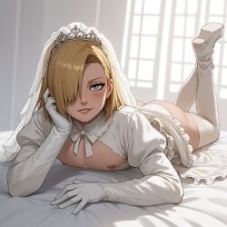 1boy ai_generated anal anus anus_focus blonde_hair blue_eyes blush boots bride butt_focus buttons deidara femboy femboy_focus fishnets gloves goth hair_over_one_eye looking_at_viewer male male_only naruto naruto_(series) pleasure_face presenting red_nose sissy skirt smile solo solo_focus text thighs wedding_dress white_clothing